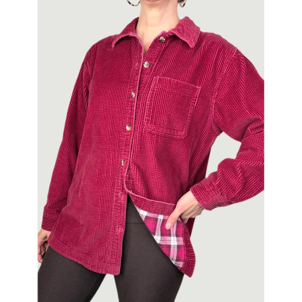 LL Bean Women Berry Pink Flannel Lined Corduroy Shirt Jacket Shacket Wide Wale S